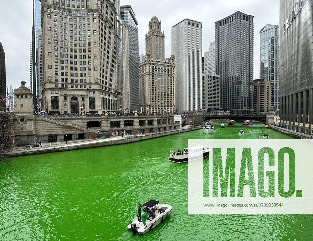 As is the tradition, the Chicago River was dyed green to celebrate St Patrick s Day. Mobs of people headed downtown to experience this manmade phenomenon. Many a leprechun were spotted in the hordes. The dying of the River was followed by the St.Patrick s Day Parade starting at Balbo and Columbus Drive. Chicago USA - ZUMAh86_ 20230311_zap_h86_001