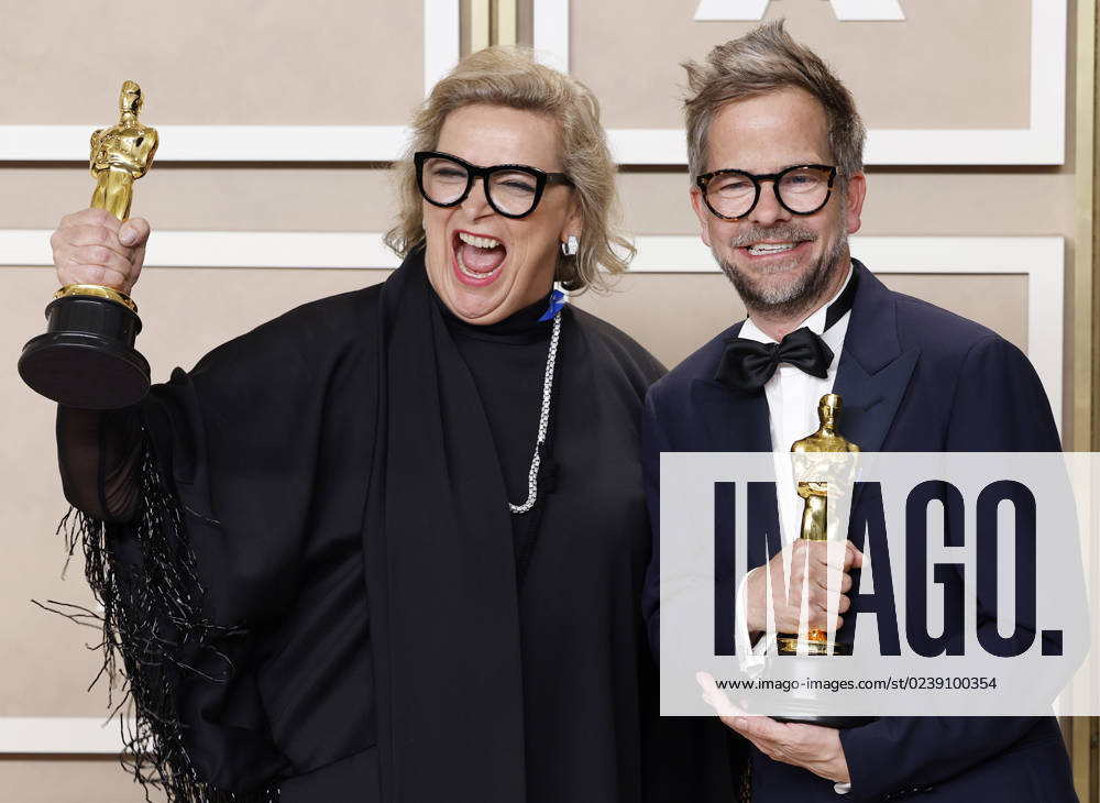 Ernestine Hipper and Christian M. Goldbeck, winners of the award for Best Production Design for All Quiet On The Western Front, appear backstage with their Oscars during the 95th annual Academy Awards at Loews Hollywood Hotel in the Hollywood section of Los Angeles on Sunday, March 12, 2023. LAP202303128121 JohnxAngelillo