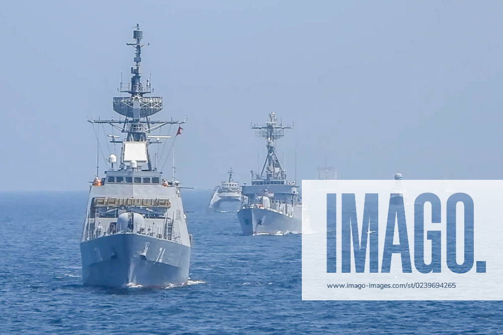 Seen in this video screen grab are warships during a joint naval drill in the Gulf of Oman. Naval forces of China, Russia, Iran and some other countries are taking part in the Security Bond 2023 joint naval exercise in the Gulf of Oman from 15 to 19 March 2023. Video grab. Best possible quality. Northern Fleet Press Service TASS 57934406