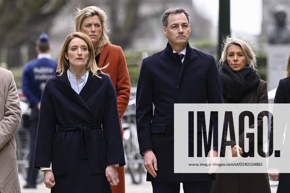 European Parliament chairwoman Roberta Metsola, Interior Minister Annelies Verlinden, Prime Minister Alexander De Croo and Defence minister Ludivine Dedonder pictured during a ceremony at the memorial monument in the Brussels Wetstraat rue de la Loi to commemorate the 2016 terrorist attacks in Brussels, Wednesday 22 March 2023. On March 22 2016, 32 people were killed and 324 got injured in suicide bombings at Zaventem national airport and Maalbeek Maelbeek metro station, which were claimed by ISIL. LAURIExDIEFFEMBACQ 63507414