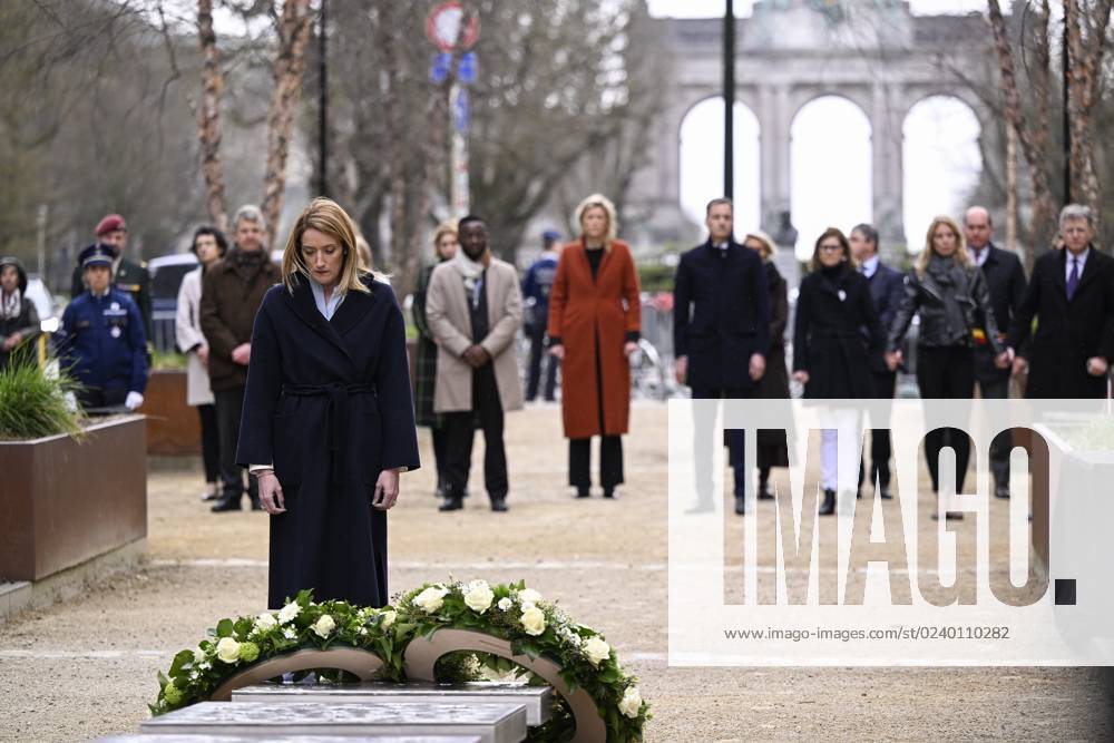 European Parliament chairwoman Roberta Metsola pictured during a ceremony at the memorial monument in the Brussels Wetstraat rue de la Loi to commemorate the 2016 terrorist attacks in Brussels, Wednesday 22 March 2023. On March 22 2016, 32 people were killed and 324 got injured in suicide bombings at Zaventem national airport and Maalbeek Maelbeek metro station, which were claimed by ISIL. LAURIExDIEFFEMBACQ 63508722