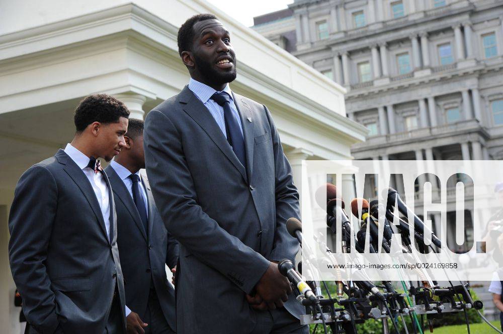 Washington, District Of Columbia, U.S - DANIEL OCHEFU of the NCAA College League USA Men s College Basketball Champions, Villanova University, speaks at the presser at the White House. President Obama honored the team for their accomplishment in winning the championship President Obama Honors NCAA Champion Villanova University MenÕs Basketball Team - ZUMArf1_