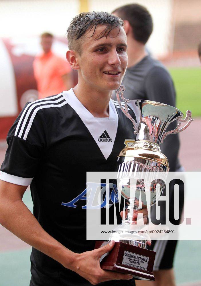 Belgrade(Serbia) FK Crvena Zvezda(FC Red Star)-FK Cukaricki U19 youth first league men s football Ivan Jovanovic FK Cukaricki with U19 champion trophy :