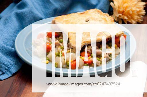 IMAGO Creative, Food, Pot Pie savory turkey pot pie with holiday leftovers made from scratch at home *** Bohnenkraut Türkei Topf pie mit Urlaub Resten gemacht von ritzen im Heimat 1806431