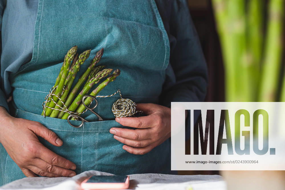 IMAGO Creative: Food, Spargel a woman in an apron will cook asparagus and reads a recipe Öhringen, Baden-Württemberg, Germany CR_DVHK230411-1169228-01