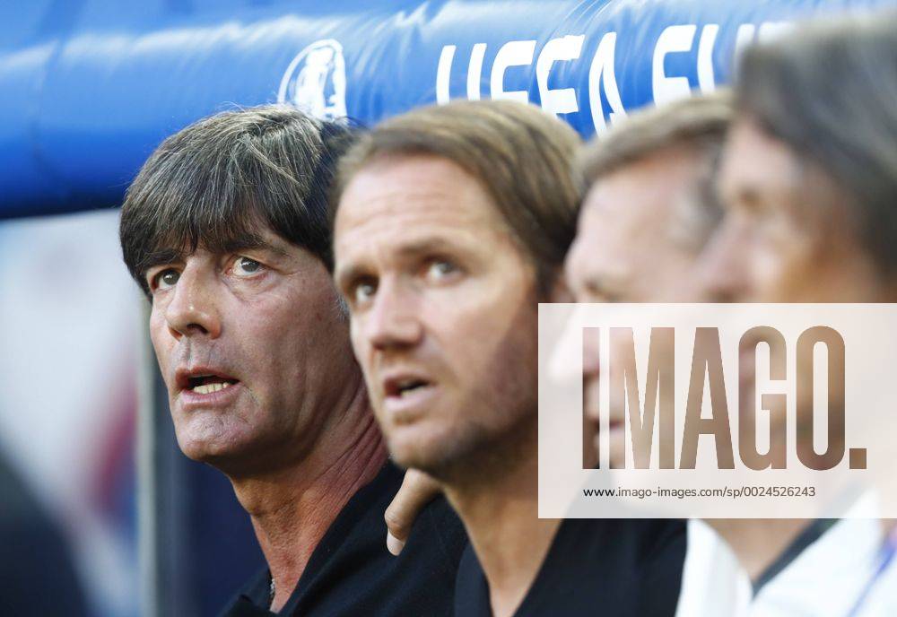 DFB Bundestrainer Joachim Jogi LOEW, LÖW, Thomas SCHNEIDER, DFB Co-Trainer, Assistenztrainer, Andreas KOEPKE , Torwarttrainer DFB , Dr. Hans-Wilhelm Müller-Wohlfahrt, DFB Mannschaftsarzt, singt, singen Hymne, Nationalhymne, Song, Deutschlandlied GERMANY - ITALY Quarterfinal,Football European Championships EURO at 02 nd of July, 2016 in Bordeaux, France. Fussball, Nationalteam, Italien Deutschland, Viertelfinale