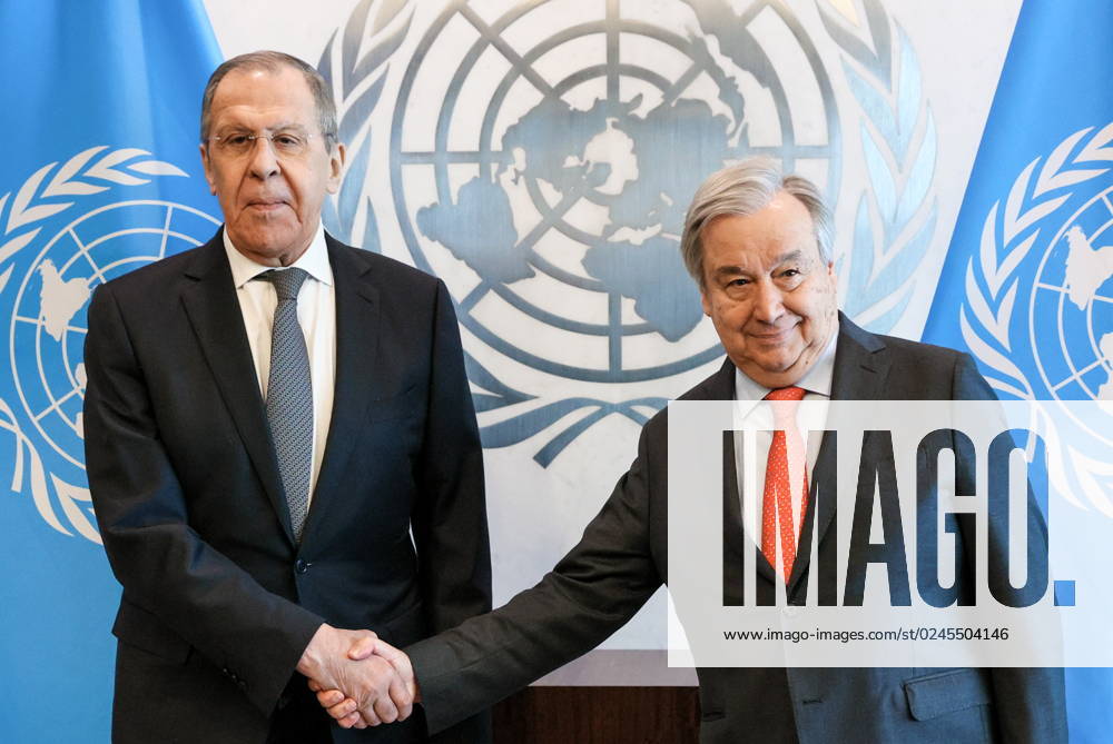 UNITED STATES, NEW YORK CITY - APRIL 24, 2023: Russia s Foreign Minister Sergei Lavrov (L) shakes hands with United Nations Secretary General Antonio Guterres during a meeting at the UN headquarters. Russian Foreign Ministry TASS 58639772