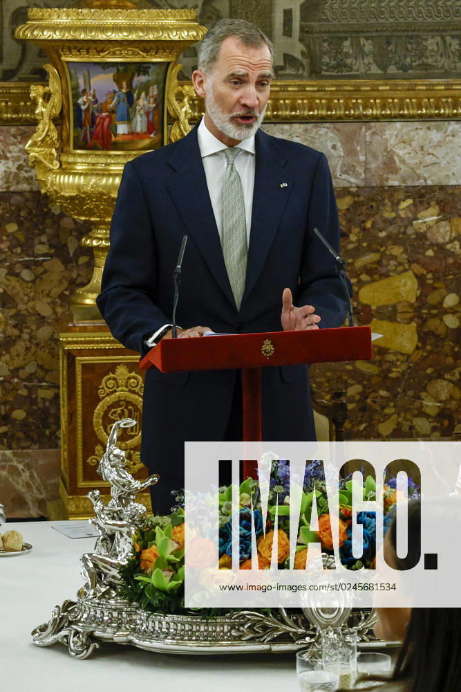 Spain s King Felipe VI delivers a speech during a lunch in honor to Brazilian President Luiz Inacio Lula da Silva (unseen) held in the framework of the Brazilian President s official visit in the country at Royal Palace in Madrid, Spain, 26 April 2023. Brazilian President Luiz Inacio Lula da Silva visits Spain !ACHTUNG: NUR REDAKTIONELLE NUTZUNG!
