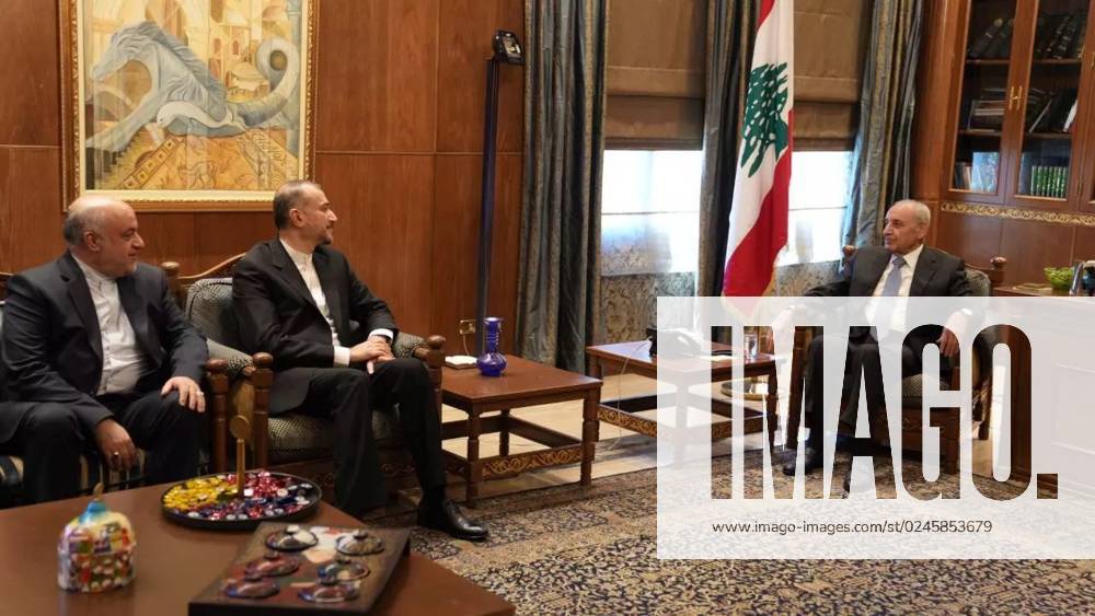 Lebanese Parliament Speaker NABIH BERRI (R) meets with Iranian Foreign Minister HOSSEIN AMIR-ABDOLLAHIAN (2L) in Beirut on April 27, 2023. BEIRUT LEBANON - ZUMAi98_ 20230427_zih_i98_002