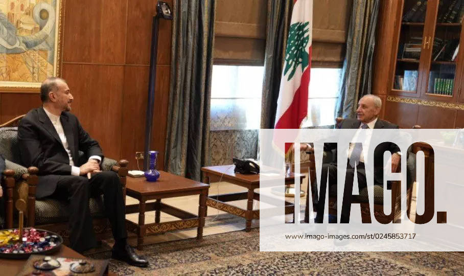 Lebanese Parliament Speaker NABIH BERRI (R) meets with Iranian Foreign Minister HOSSEIN AMIR-ABDOLLAHIAN (L) in Beirut on April 27, 2023. BEIRUT LEBANON - ZUMAi98_ 20230427_zih_i98_008