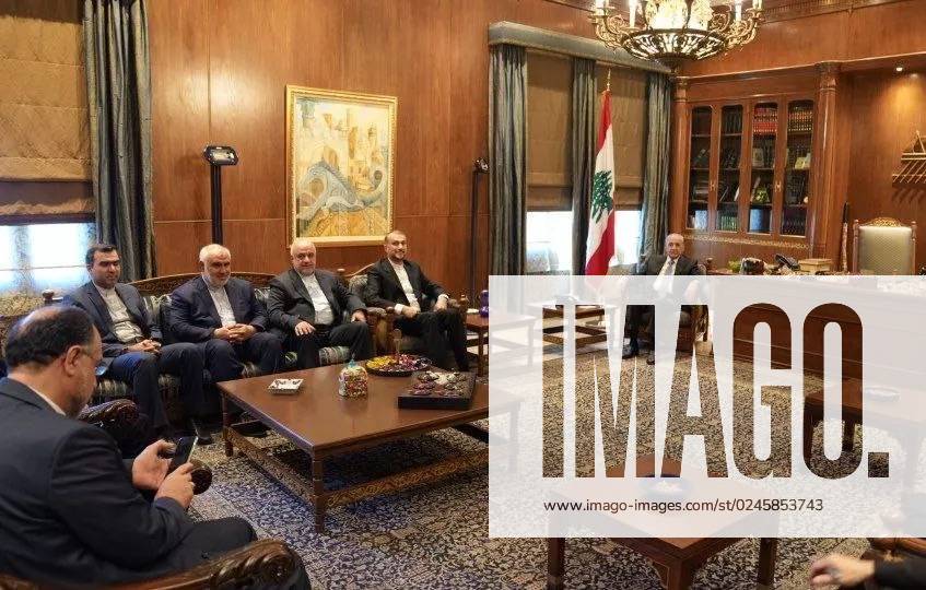 Lebanese Parliament Speaker NABIH BERRI (R) meets with Iranian Foreign Minister HOSSEIN AMIR-ABDOLLAHIAN (2R) in Beirut on April 27, 2023. BEIRUT LEBANON - ZUMAi98_ 20230427_zih_i98_012