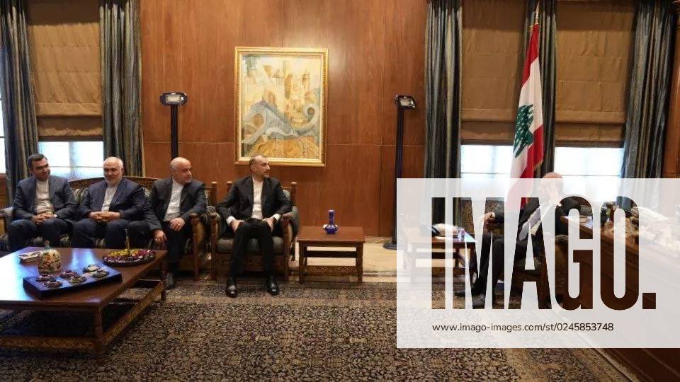 Lebanese Parliament Speaker NABIH BERRI (R) meets with Iranian Foreign Minister HOSSEIN AMIR-ABDOLLAHIAN (2R) in Beirut on April 27, 2023. BEIRUT LEBANON - ZUMAi98_ 20230427_zih_i98_013
