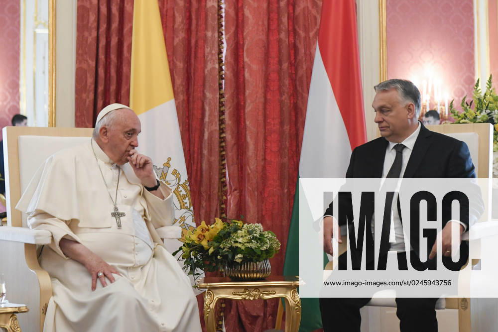 Hungary , 2023 4 28 .Pope Francis during a meeting with Prime Minister Viktor Mihaly Orban at the Sandor Palace in Budapest, Hungary . Photograph by Vatican Media Catholic Press Photo . RESTRICTED TO EDITORIAL USE - NO MARKETING - NO ADVERTISING CAMPAIGNS.