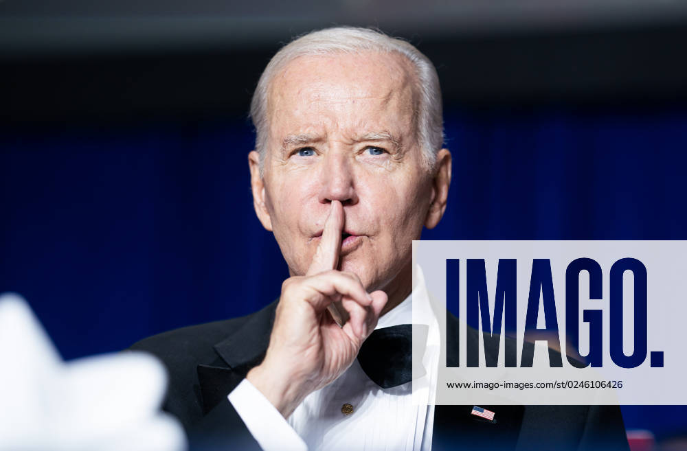 US President Joe Biden quiets the crowd during the White House Correspondents Association (WHCA) dinner in Washington, DC on Saturday, April 29, 2023. The annual dinner raises money for WHCA scholarships and honors the recipients of the organization s journalism awards. WAX20230429204 NathanxHoward