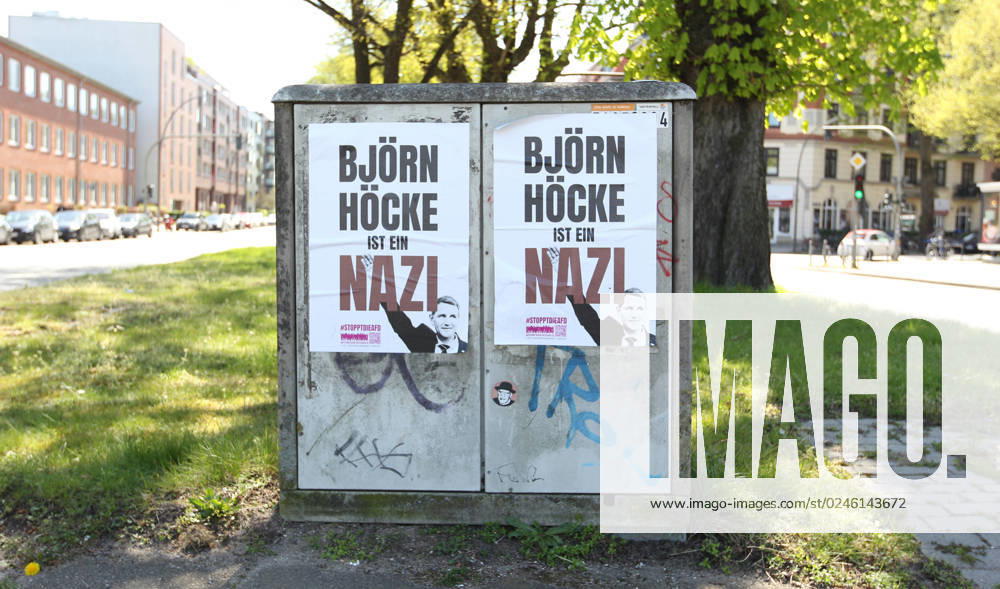 An einen Elektrokasten von Vattenfall ist ein Plakat mit dem Konterfei des Politikers Björn Höcke von der Partei Alternative für Deutschland (AFD) geklebt, auf dem der Schriftzug steht: Björn Höcke ist ein Nazi . Barmbek Hamburg