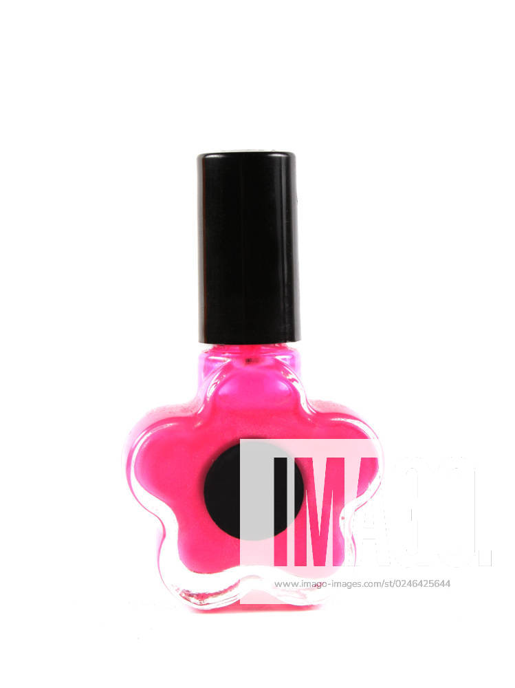 IMAGO Creative, Lifestyle, Barbiecore Pink nail polish isolated on white. Black circle has room for text.