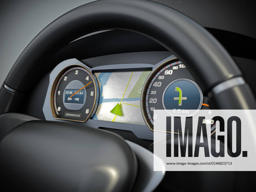 Modern sports car steering wheel and cocpit with navigation screen. 3D illustration Modern sports car steering wheel and cocpit with navigation screen. 3D illustration.