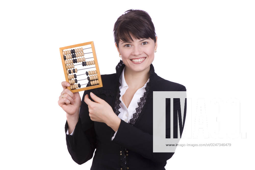 Portrait of a smiling businesswoman holding wooden abacus. Young attractive girl use an abacus. Isolated over white background.