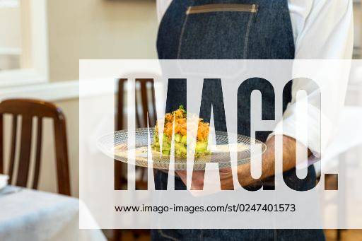 A waiter holding a plate with a salmon tartare with avocado and mango on it *** einer Kellner haltend einer Teller mit einer Lachs tartare mit avocado und mango am es 4940430