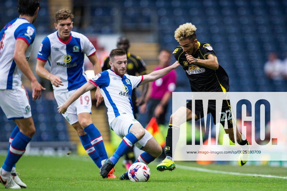 Ewood Park, Blackburn, England. EFL Cup Football. Blackburn Rovers versus Crewe Alexandra. Blackburn Rovers midfielder Jack Byrne tackles Crewe Alexandra midfielder Alex Kiwomya. Williamsx ActionPlus11779474