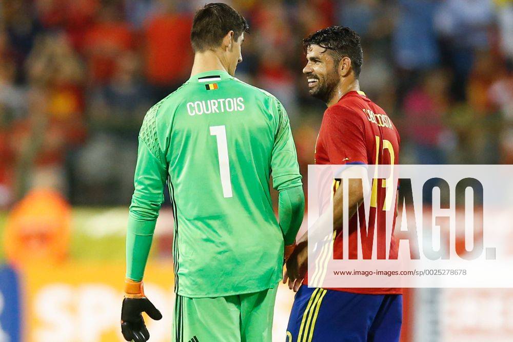 Belgium s goalkeeper Thibaut Courtois and Spain s Diego Costa pictured after a friendly match between Belgian national soccer team Red Devils and Spain, on Thursday 01 September 2016, in Brussels. BRUNOxFAHY x04923392x