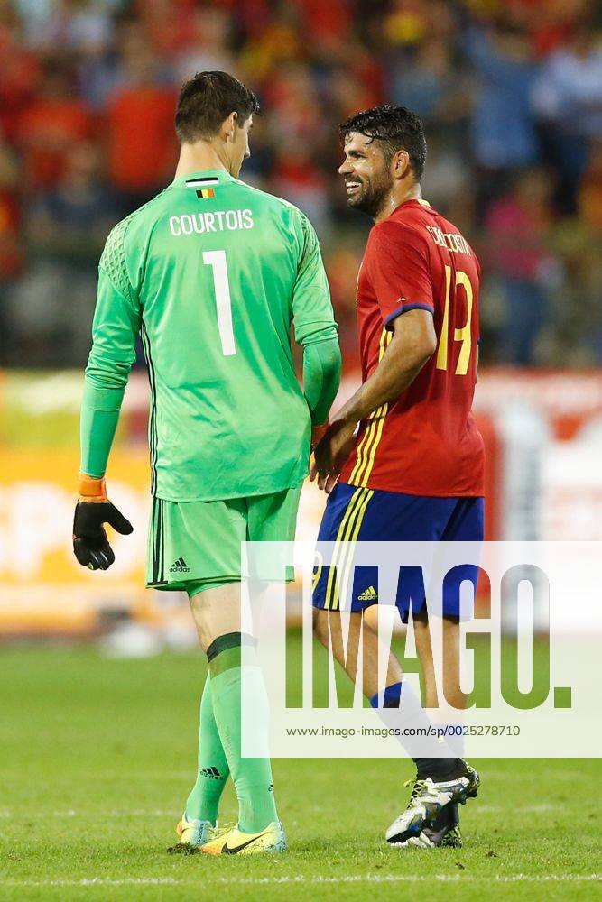 Belgium s goalkeeper Thibaut Courtois and Spain s Diego Costa pictured after a friendly match between Belgian national soccer team Red Devils and Spain, on Thursday 01 September 2016, in Brussels. BRUNOxFAHY x04923398x