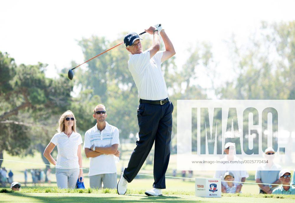 Newport Beach, California, USA - Larry Mize makes a tee shot on the second hole during the final round of the Toshiba Classic at the Newport Beach Country Club on October 9, 2016 in Newport Beach, California. Toshiba Classic - Final Round - ZUMAg139