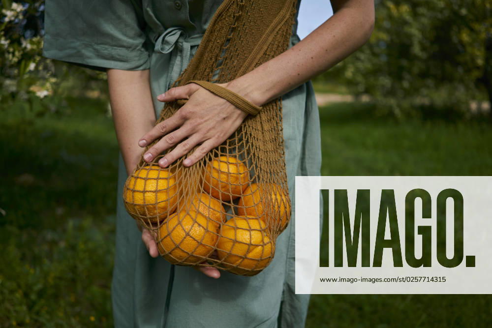 Woman holding reusable bag with organic oranges at orchard model released, Symbolfoto property released, ANNF00176
