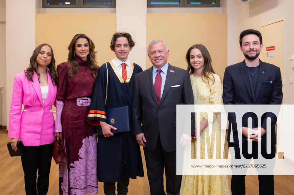 Jordan King Abdullah II and Queen Rania, Crown Prince Al Hussein, Princess Iman and Mr. Jameel Thermiotis, and Princess Salma with Prince Hashem at his graduation from King’s Academy in Madaba, Jordan.