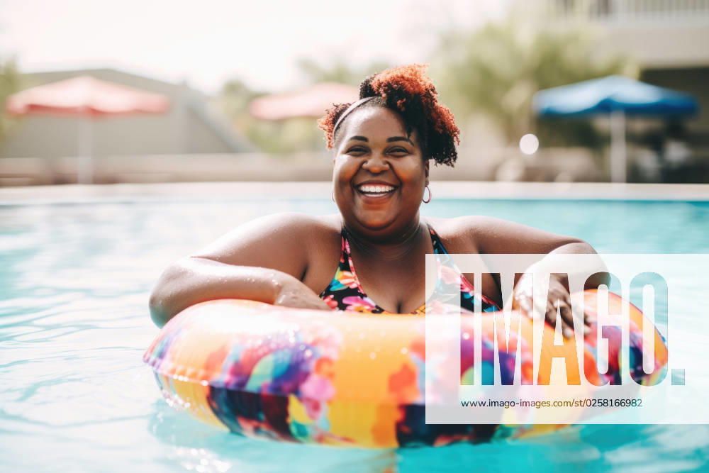 Happy black plus size woman in a pool with ring float. Generative AI. Madrid, Community of Madrid, Spain CR_CRVI230525-1195132-01 ,property released