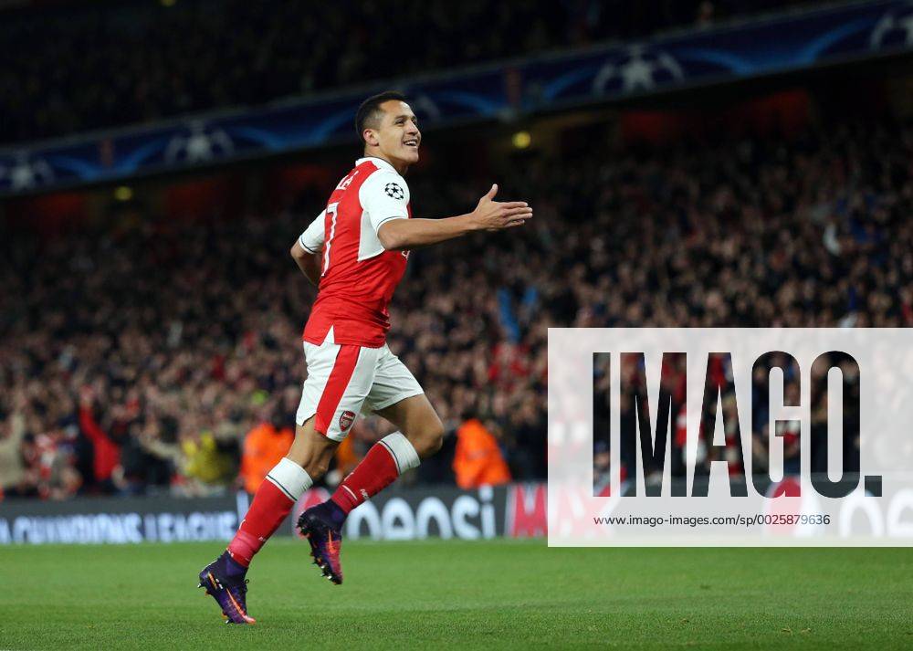 Arsenal s Alexis Sanchez celebrates scoring his sides opening goal during the Champions League group A match at the Emirates Stadium, London. Picture date October 19th, 2016 Pic David Klein Sportimage .