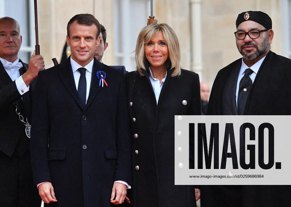 Macron Targeted In Project Pegasus Spyware Case File photo dated November 11, 2018 of French President Emmanuel Macron and his wife Brigitte Macron welcome King Mohammed VI of Morocco at the Elysee Palace in Paris, France. The phone of French President Emmanuel Macron was targeted for potential surveillance on behalf of Morocco in the Pegasus spyware case. An investigation published on Sunday by 17 media organisations, led by the Paris-based non-profit journalism group Forbidden Stories, said the spyware, made and licensed by Israeli company NSO, had been used in attempted and successful hacks of smartphones belonging to journalists, government officials and human rights activists. Photo by Christian Liewig ABACAPRESS.COM Paris France