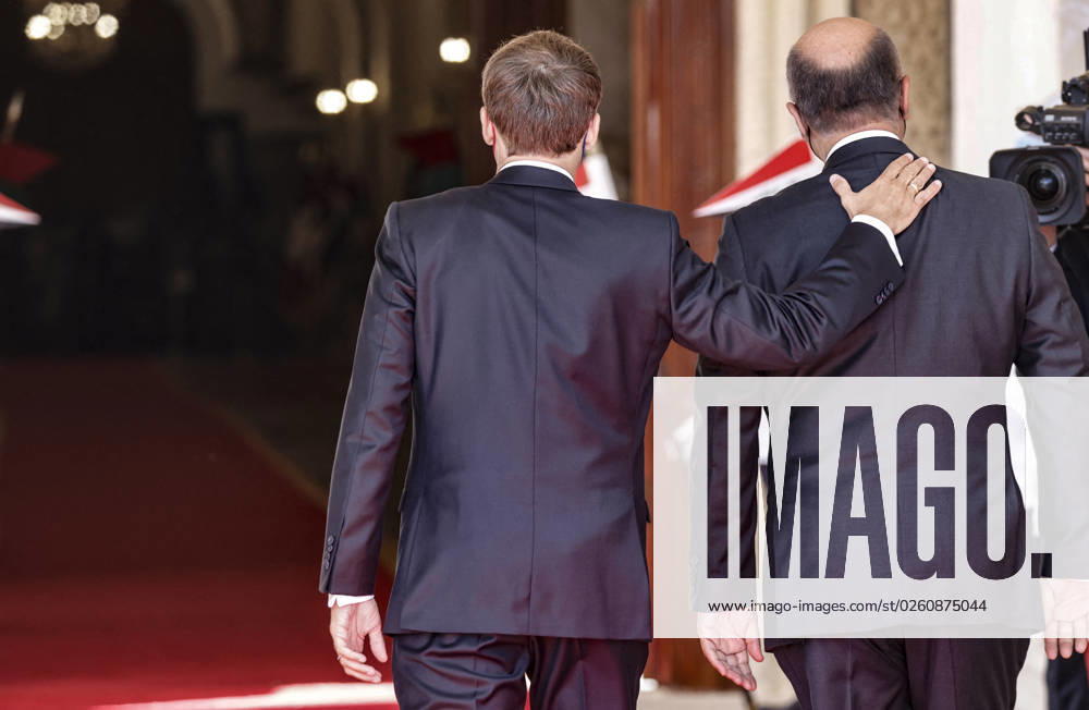 French President Emmanuel Macron in Baghdad - Iraq Iraqi President Barham Saleh (R) welcomes his French counterpart Emmanuel Macron in Baghdad on August 28, 2021. - Macron is among leaders set to attend a regional summit today in Iraq, with the Taliban s takeover of Afghanistan and a deadly jihadist attack in Kabul overshadowing the meeting. Photo by Ludovic Marin pool ABACAPRESS;COM Baghdad Iraq