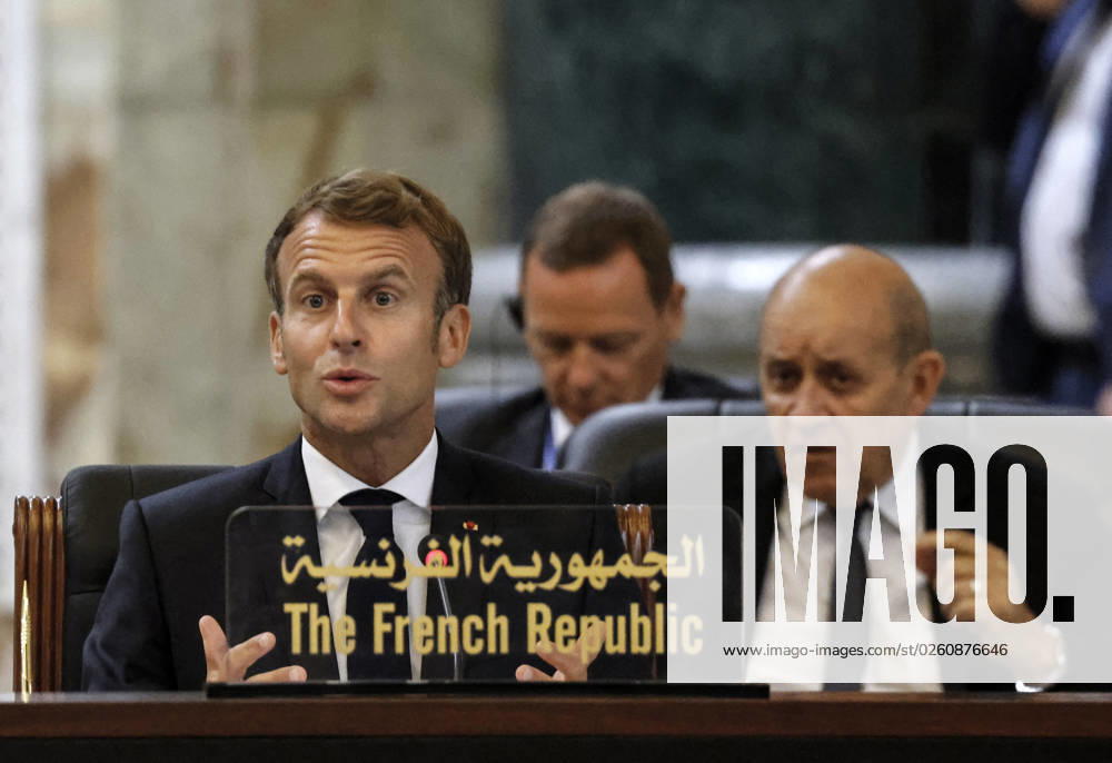 French President Emmanuel Macron in Baghdad - Iraq French President Emmanuel Macron speaks, accompanied by French Foreign Affairs Minister Jean-Yves Le Drian (R), during the Baghdad conference in the Iraqi capital on August 28, 2021. (Photo by Ludovic MARIN POOL ABACAPRESS.COM Baghdad Iraq