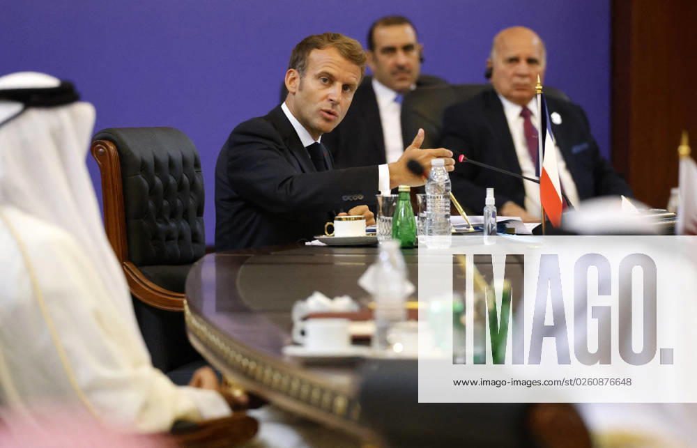 French President Emmanuel Macron in Baghdad - Iraq French President Emmanuel Macron (C) speaks during the Baghdad conference in the Iraqi capital on August 28, 2021. (Photo by Ludovic MARIN POOL ABACAPRESS.COM Baghdad Iraq