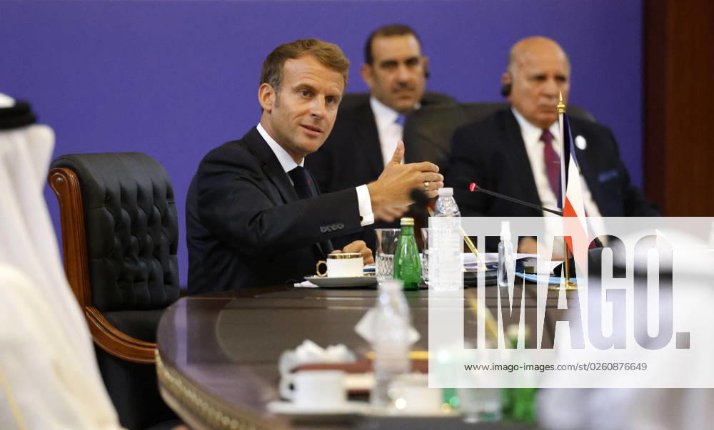 French President Emmanuel Macron in Baghdad - Iraq French President Emmanuel Macron (C) speaks during the Baghdad conference in the Iraqi capital on August 28, 2021. (Photo by Ludovic MARIN POOL ABACAPRESS.COM Baghdad Iraq