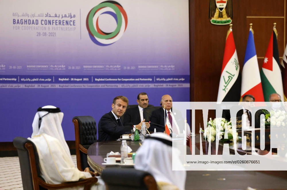 French President Emmanuel Macron in Baghdad - Iraq French President Emmanuel Macron (C) speaks during the Baghdad conference in the Iraqi capital on August 28, 2021. (Photo by Ludovic MARIN POOL ABACAPRESS.COM Baghdad Iraq