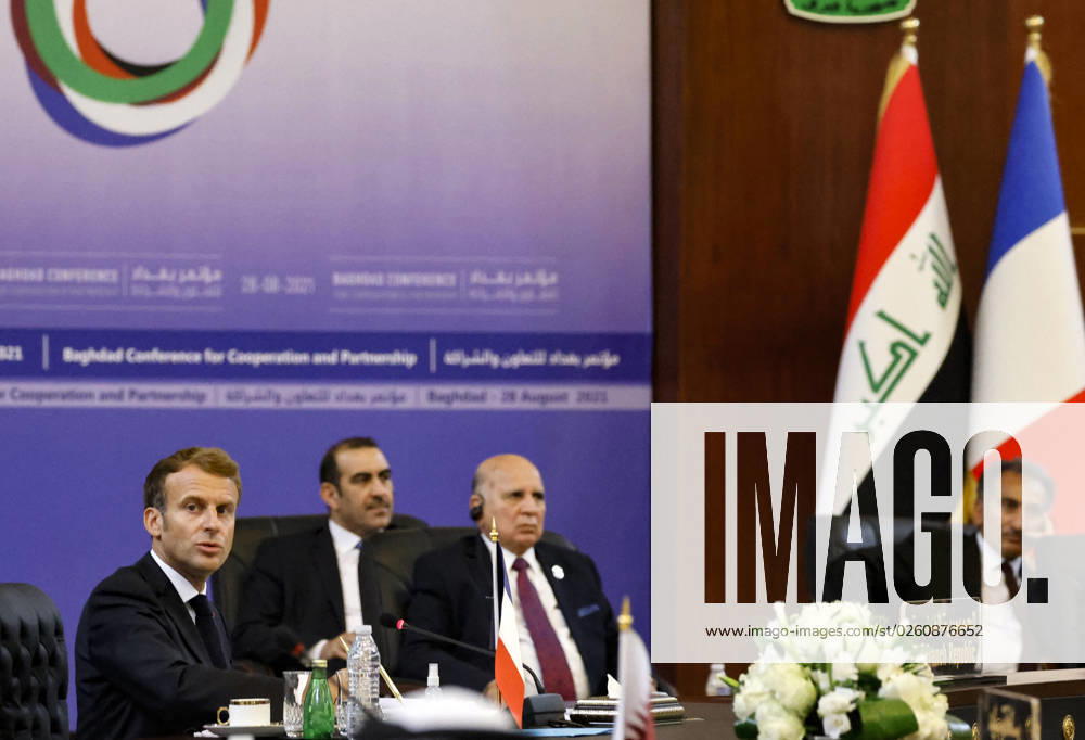 French President Emmanuel Macron in Baghdad - Iraq French President Emmanuel Macron (L) speaks during the Baghdad conference in the Iraqi capital on August 28, 2021. (Photo by Ludovic MARIN POOL ABACAPRESS.COM Baghdad Iraq