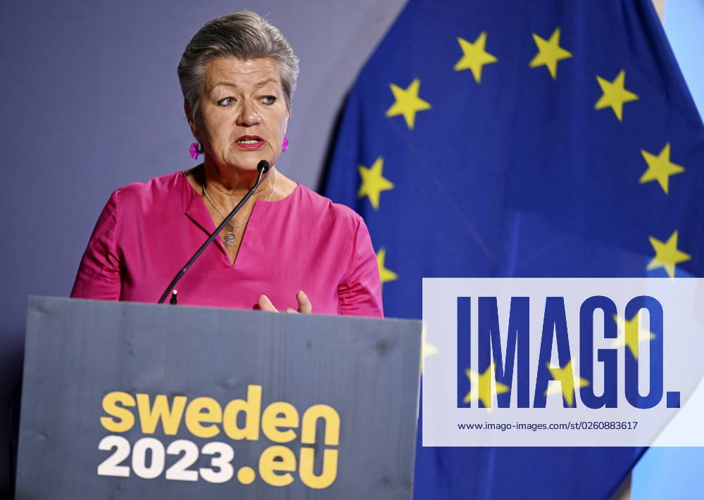 EU Commissioner for Home Affairs Ylva Johansson participates in a press conference in Stockholm, Sweden on Wednesday, June 21, 2023 A meeting was held with the aim o fstrengthening the relationship and cooperation between the EU and the US on issues of common interest relating to Justice and Home Affairs, and to identify priorities for poli