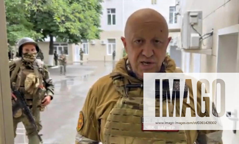 A screen grab of Russian Yevgeny Prigozhin, owner of the Wagner Group of mercenaries broadcasting from inside the Russian Military Southern District headquarters surrounded by his loyal fighters, June 24, 2023 in Rostov-on-Don, Russia. Prigozhin launched a rebellion against Moscow accusing the government of lying to the nation and corruption. Rostov-on-Don Ukraine - ZUMAp138 20230624_zaa_p138_004