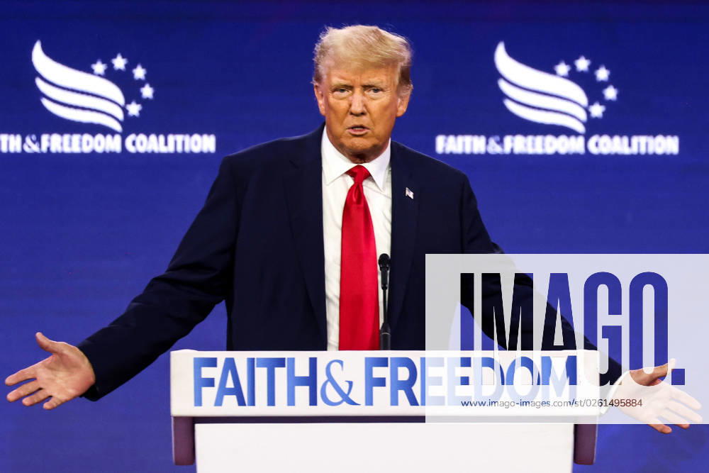 Former US President Donald J. Trump speaks at the Faith & Freedom Coalitionâ€⠢s Road to Majority Policy Conference in at the Washington Hilton Hotel in Washington, DC on Saturday, June 24, 2023 Washington USA - ZUMAs152 20230624_zaa_s152_081