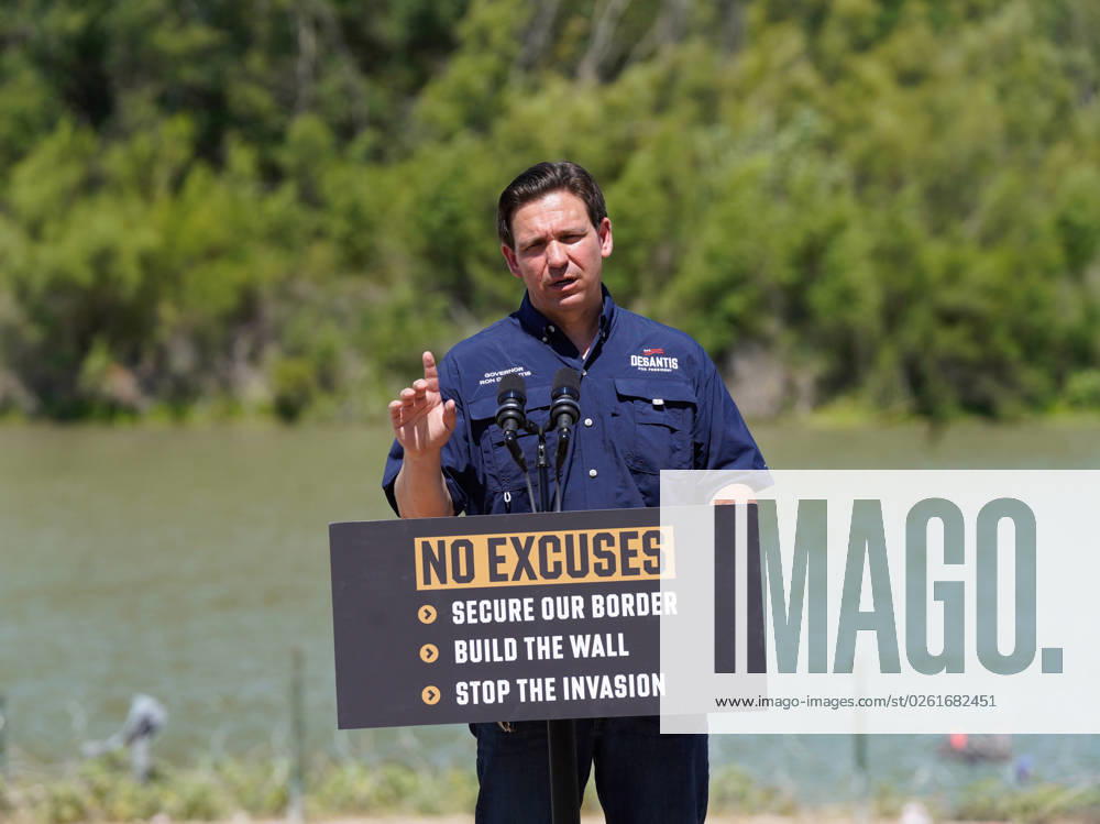 Florida Governor and Republican presidential candidate Ron DeSantis speaks during a press conference along the Rio Grande River with Mexico in the background Monday. DeSantis was touring the U.S.-Mexican border area touting his immigration policies. - ZUMAj53_ 20230626_zaf_j53_017
