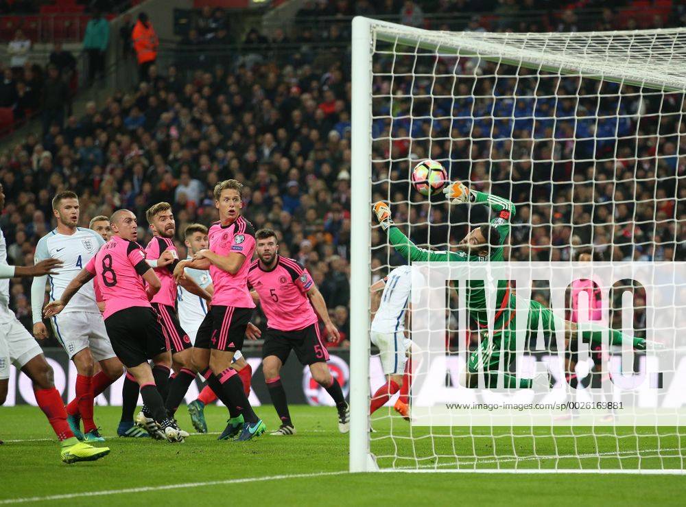 Gary Cahill of England scores the third goal past Craig Gordon of Scotland during the FIFA World Cup WM Weltmeisterschaft Fussball Qualifying Group F match at Wembley Stadium, London. Picture date: November 11th, 2016. Pic David Klein Sportimage .