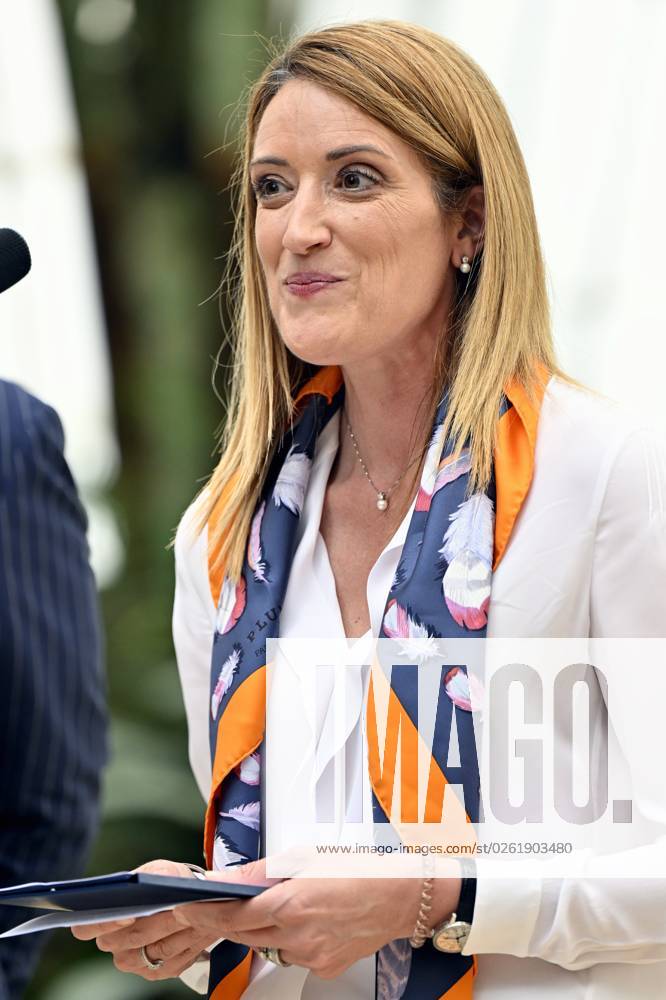 European Parliament chairwoman Roberta Metsola pictured during a royal reception of a delegation from the European Parliament in the Castle of Laeken Laken, Brussels on Wednesday 28 June 2023. The meeting is organized on the occasion of the 70th anniversary of the European Parliament and ahead of the Belgian Presidency of the Council of the European Union in the first half of 2024. ERICxLALMAND 69607220