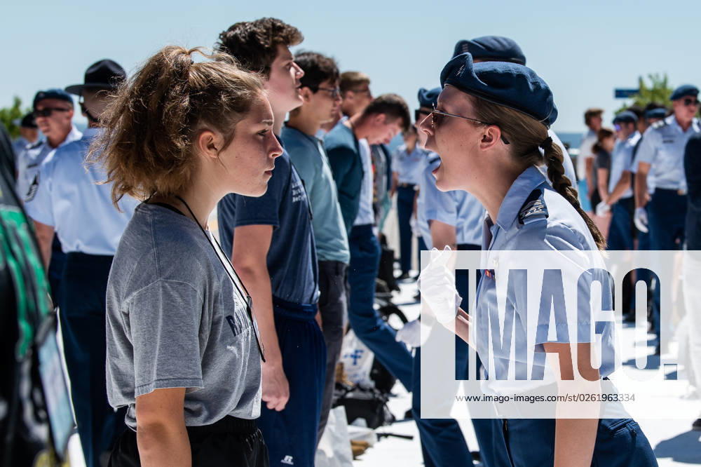 KW26 Bilder des Jahres 2023, News 06 Juni These images show basic cadets from the U.S. Air Force and Space Force?s class of 2027 getting a rude awakening as they arrive at the U.S. Air Force Academy for in-processing (I-Day), on 28 June 2023, in Colorado Springs, Colorado. I-Day marks the start of their journey of becoming a commissioned officer in the U.S. Air Force and Space Force. After arrival, their officers and instructors made no secret of the high standards expected of recruits. Many also had to have their head shaved - with the obligatory U.S. military buzzcut a rite of passage for those joining the military. Where: Colorado Springs, Colorado, United States When: 28 Jun 2023 Credit: U.S Air Force Cover Images **. MATERIALS ONLY TO BE USED IN CONJUNC