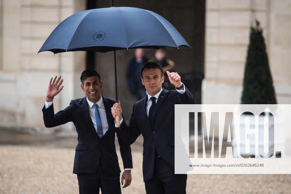 FRANCE TOP LEVEL SUMMIT IN PARIS French President Emmanuel Macron and British Prime Minister Rishi Sunak leave the Elysà e Palace at the end of the 36th Franco-British summit. Paris, 10 March 2023. PARIS ILE-DE-FRANCE FRANCE