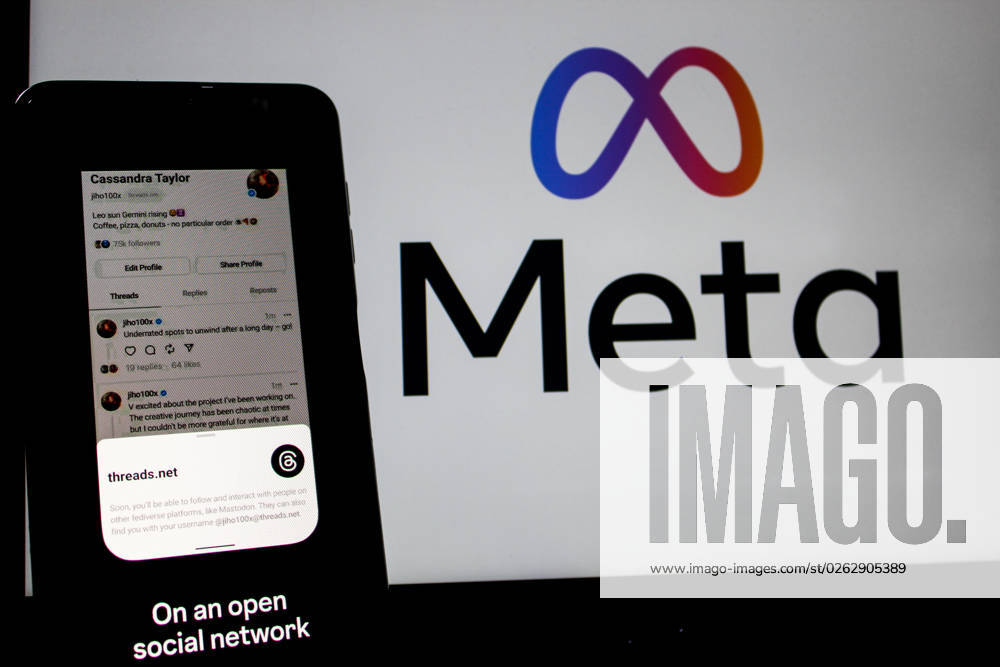 In this photo illustration, Threads logo seen displayed on a smartphone and a Meta logo in the background. Threads is the new social network from Meta Platforms which was launched on the 5th of July 2023. According to Meta CEO Mark Zuckerberg, the Threads app is designed to rival Twitter. As of 6th of July 2023, the Thread app already has 10 million users. Bandung Indonesia - ZUMAs281 20230707_zip_s281_012