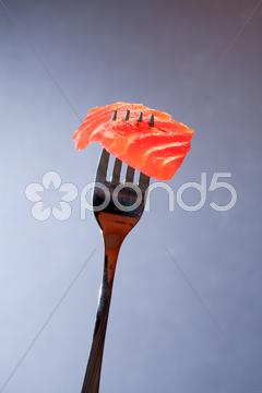 Closeup of steel fork with slice of salmon on dark background Salmon, Trout, Chinook, Fish, Snack, Appetizer, Gourmet, Meal, Food, Cooking, Restaurant, Portion, Slice, Eating, Seafood, Delicacy, Salted, Fork, Silverware