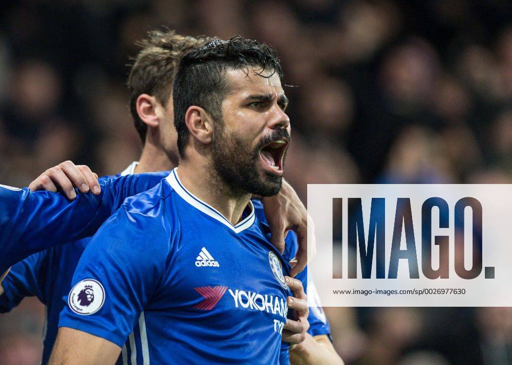 Diego Costa of Chelsea celebrates scoring his sides fourth goal during the Premier League match between Chelsea FC and Stoke City at Stamford Bridge, London, England on 31 December 2016.