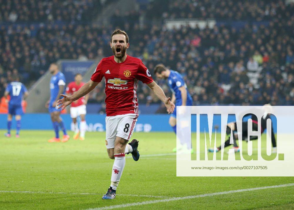 Manchester United ManU s Juan Mata celebrates scoring his sides third goal during the Premier League match at the King Power Stadium, Leicester. Picture date February 5th, 2017 Pic David Klein Sportimage .